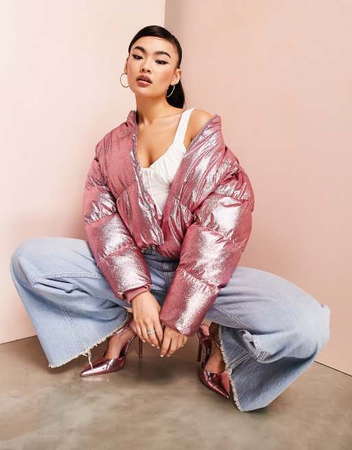 Pink puffer hot sale jacket asos