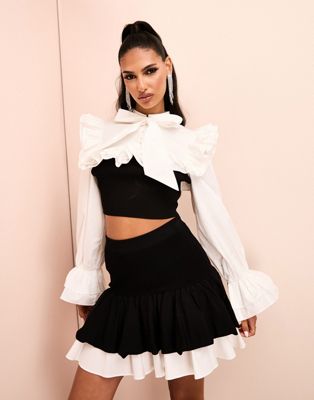 ASOS LUXE Pussy bow poplin mix ribbed knitted top