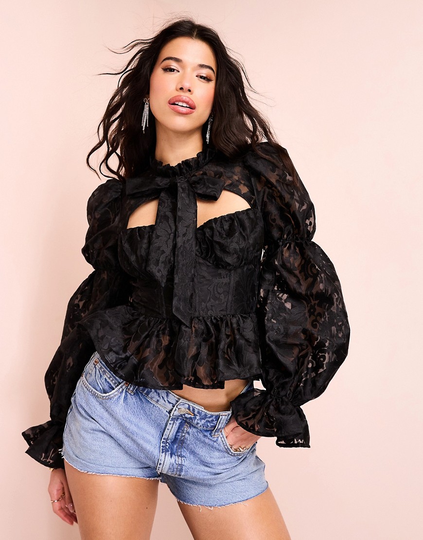 ASOS LUXE pussy bow puff sleeve lace top in black
