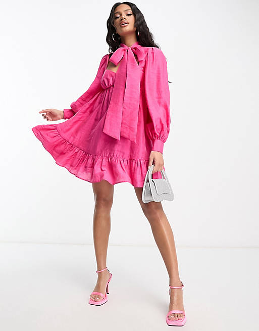 ASOS LUXE pussybow cupped mini dress with blouson sleeve in pink | ASOS