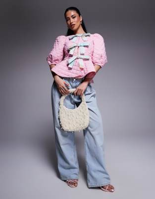 Asos Luxe Quilted Bow Front Puff Sleeve Top In Pink