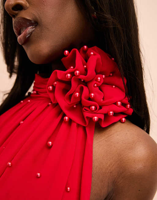 ASOS LUXE - Rød midikjole med perleudsmykninger, corsage og halterneck, 4 af 4