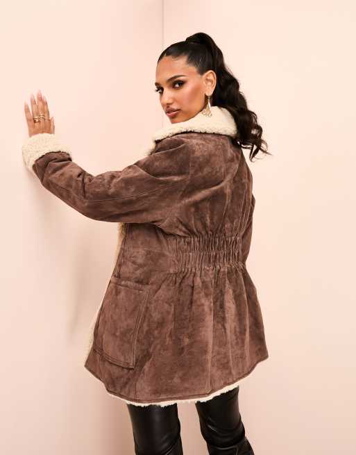 ASOS LUXE Curve real suede ruched waist aviator coat with faux shearling in  brown