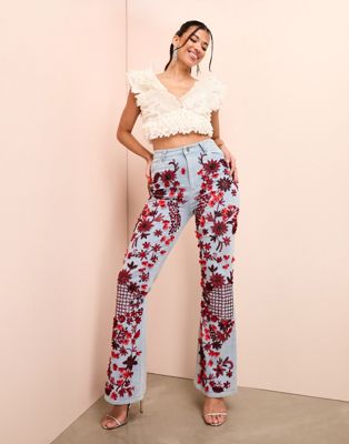 ASOS LUXE red jewel embellished flared jeans in mid wash - ASOS Price Checker