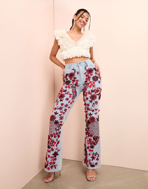 ASOS LUXE red jewel embellished flared jeans in mid wash