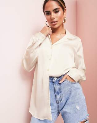 ASOS LUXE relaxed satin long sleeve shirt in oyster