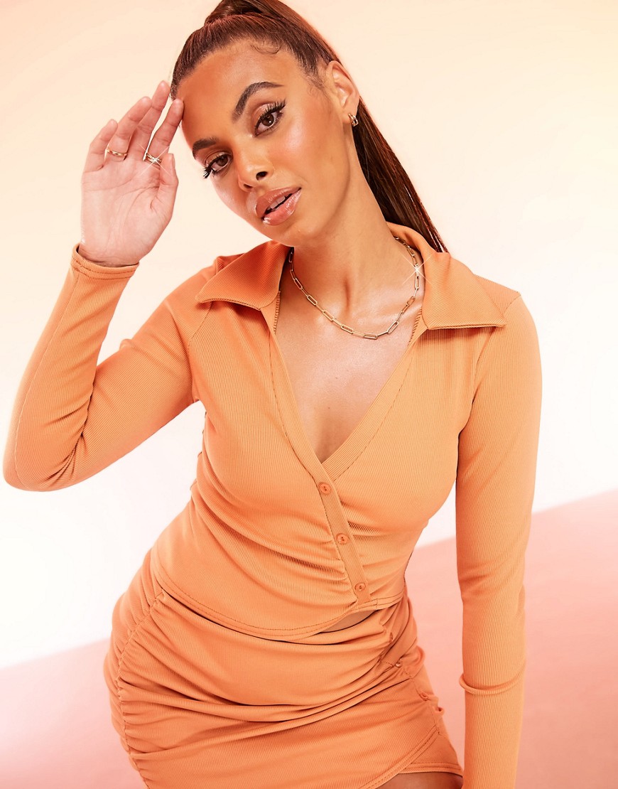 ASOS LUXE ribbed shirt with asymmetric placket in rust - part of a set-Multi