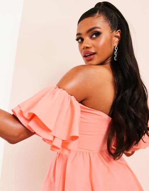 ASOS LUXE - Robe à épaules dénudées en coton avec détails style corset et volants - Pêche, 3 de 4