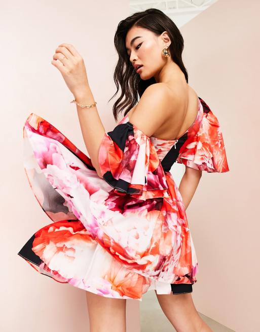 ASOS LUXE Robe asymetrique en coton avec details style corset et volants Imprime fleurs ASOS