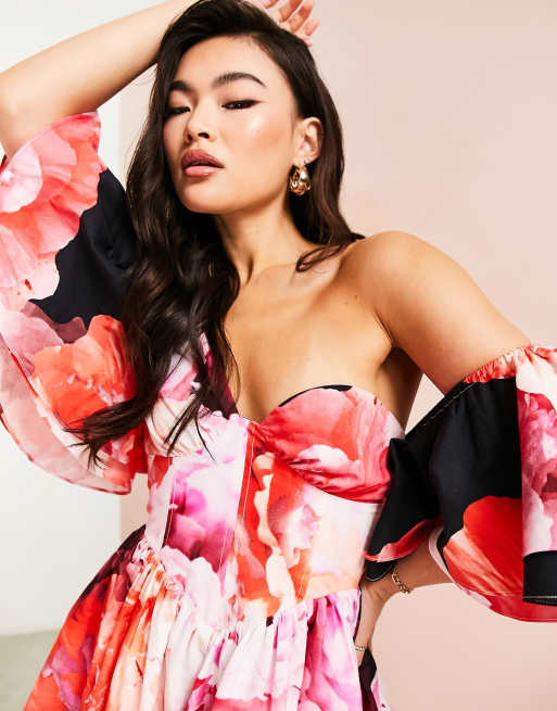 ASOS LUXE - Robe asymétrique en coton avec détails style corset et volants - Imprimé fleurs, 4 de 4