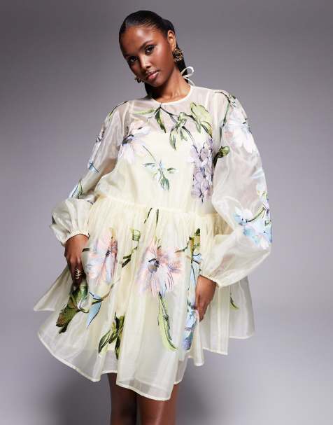ASOS LUXE - Robe babydoll courte et oversize en organza avec fleurs brodées - Jaune - view 1