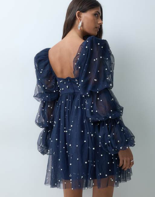 ASOS LUXE robe babydoll en tulle avec ornements de perles bleu marine, 2 de 5