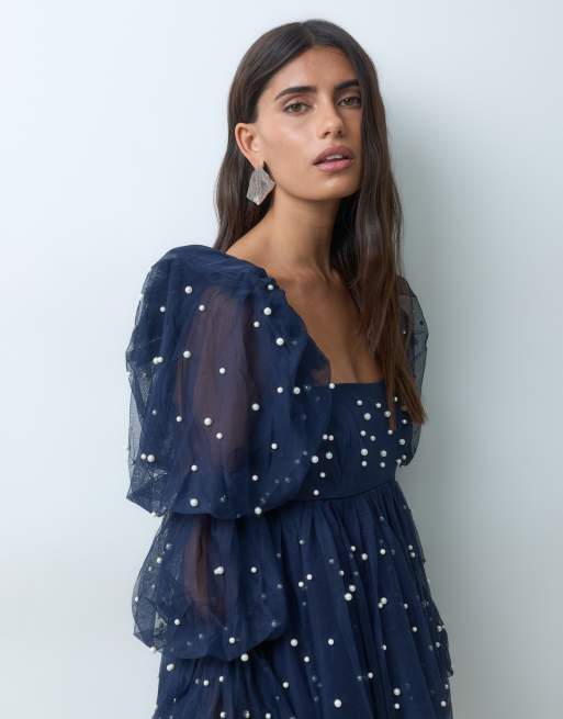 ASOS LUXE robe babydoll en tulle avec ornements de perles bleu marine, 5 de 5