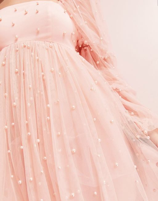 ASOS LUXE - Robe babydoll en tulle ornée de perles - Pêche, 3 de 4