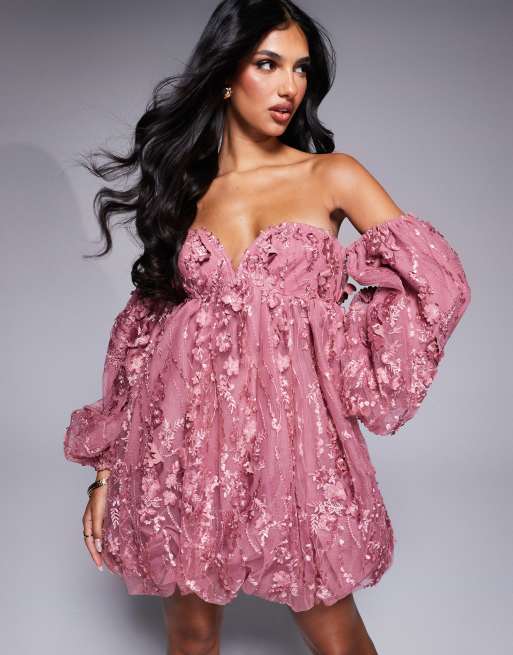 ASOS LUXE - Robe bandeau courte coupe boule en dentelle ornementée - Rose 
