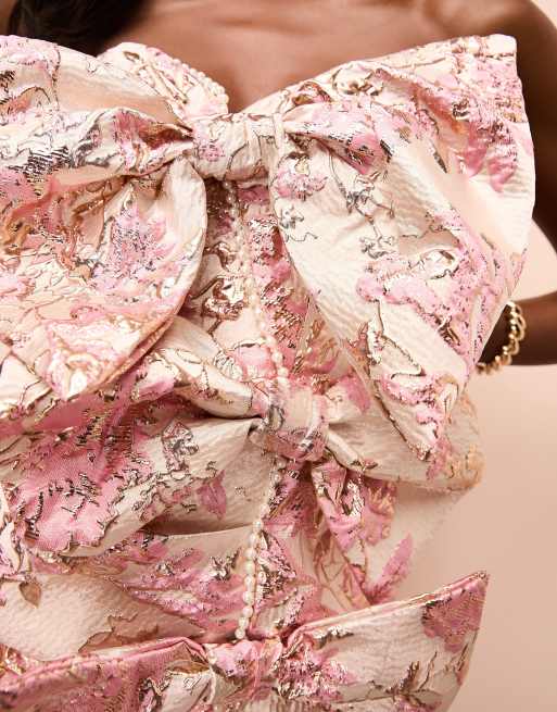 ASOS LUXE - Robe bandeau courte en jacquard fleuri avec nœud ornementé oversize - Rose, 4 de 4