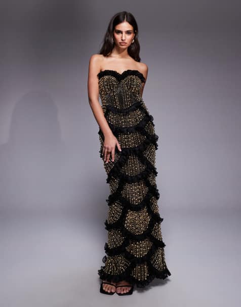 ASOS LUXE - Robe bandeau longue et ornée de strass avec ourlet festonné - Noir/doré - view 1