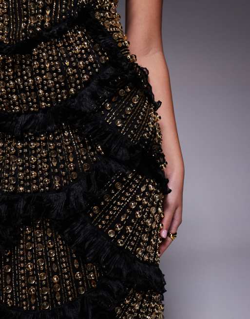 ASOS LUXE - Robe bandeau longue et ornée de strass avec ourlet festonné - Noir/doré, 2 de 4