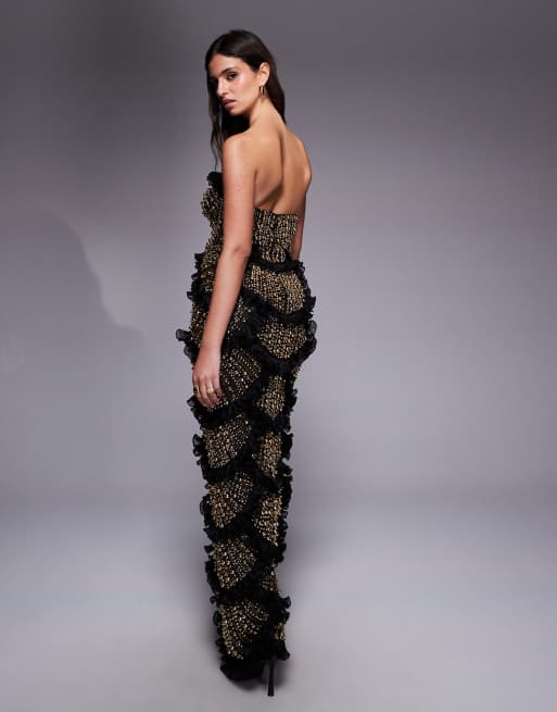 ASOS LUXE - Robe bandeau longue et ornée de strass avec ourlet festonné - Noir/doré, 3 de 4