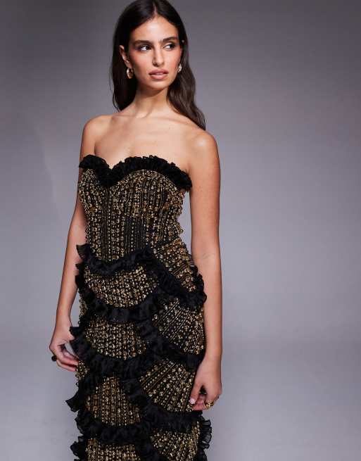 ASOS LUXE - Robe bandeau longue et ornée de strass avec ourlet festonné - Noir/doré, 4 de 4