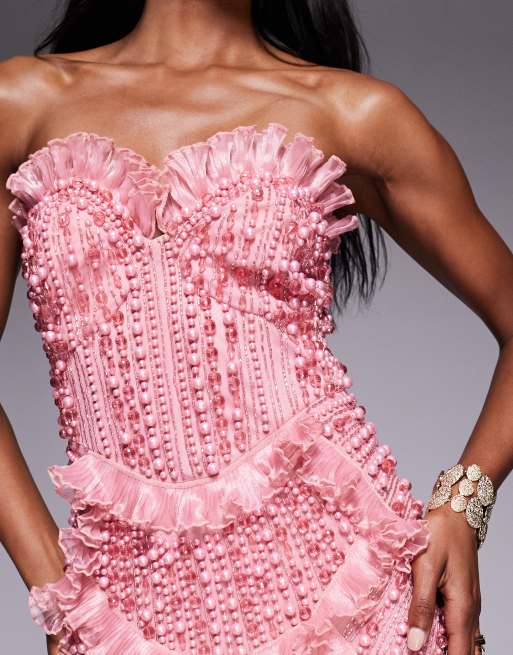 ASOS LUXE - Robe bandeau longue ornée de pierres avec ourlet festonné - Rose, 2 de 4