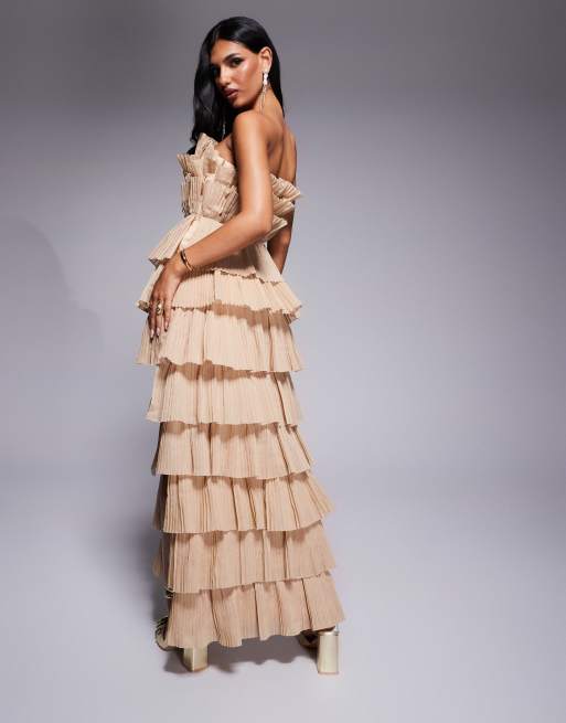 ASOS LUXE - Robe bandeau longue plissée à fente latérale - Taupe, 3 de 4