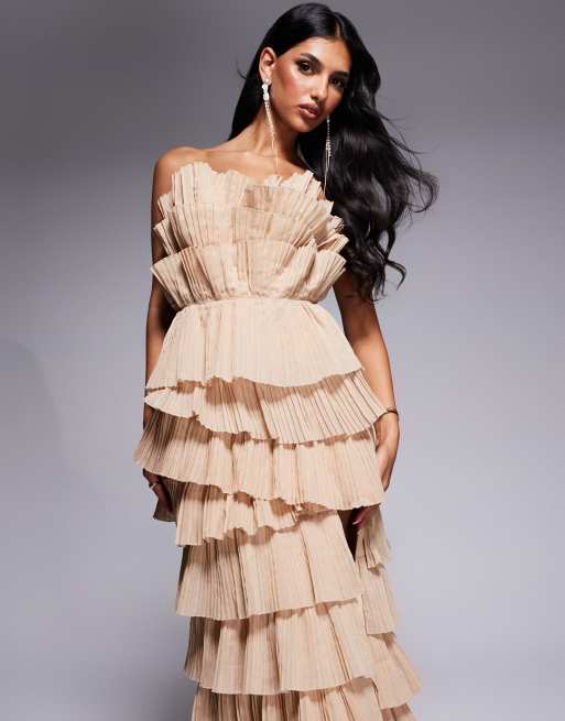 ASOS LUXE - Robe bandeau longue plissée à fente latérale - Taupe, 4 de 4