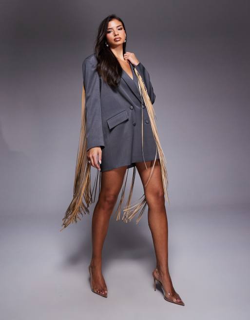 ASOS LUXE - Robe blazer oversize avec franges en similicuir - Gris, 3 de 4