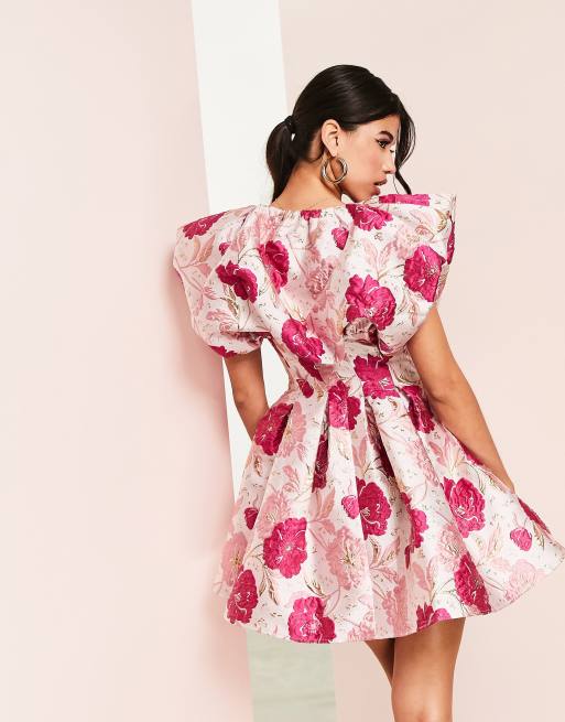 ASOS LUXE - Robe boule à décolleté plongeant en jacquard à fleurs - Rose, 3 de 4