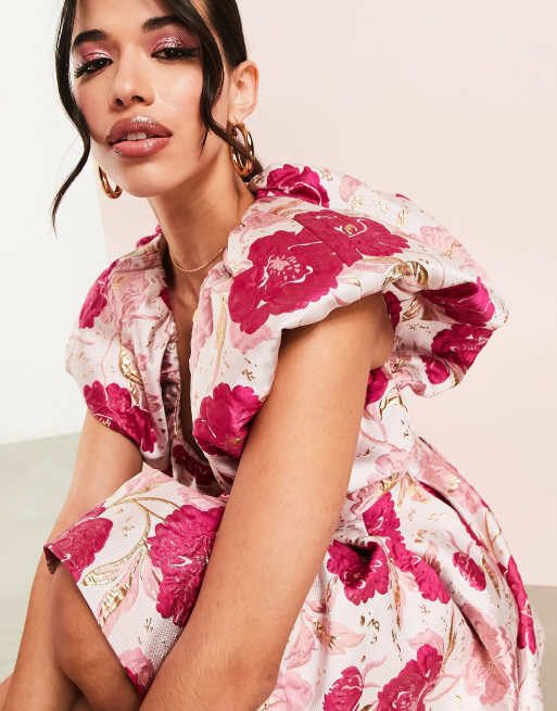 ASOS LUXE - Robe boule à décolleté plongeant en jacquard à fleurs - Rose, 4 de 4
