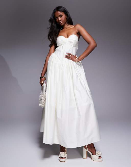 ASOS LUXE - Robe corset longue en coton satiné avec nœud dans le dos - Crème