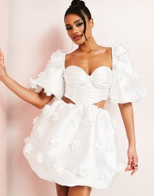 ASOS LUXE sweetheart corsetted puff sleeve mini dress with 3d flowers in white - ASOS Price Checker