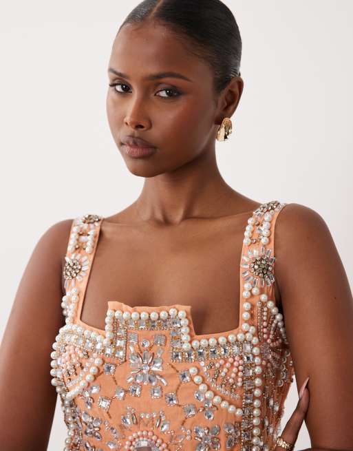 ASOS LUXE - Robe courte à imprimé mosaïque avec ornements sur l'ensemble - Orange, 3 de 4