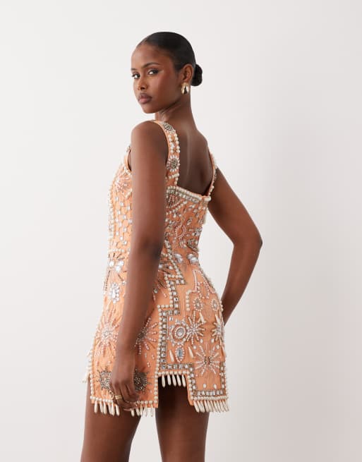ASOS LUXE - Robe courte à imprimé mosaïque avec ornements sur l'ensemble - Orange, 4 de 4