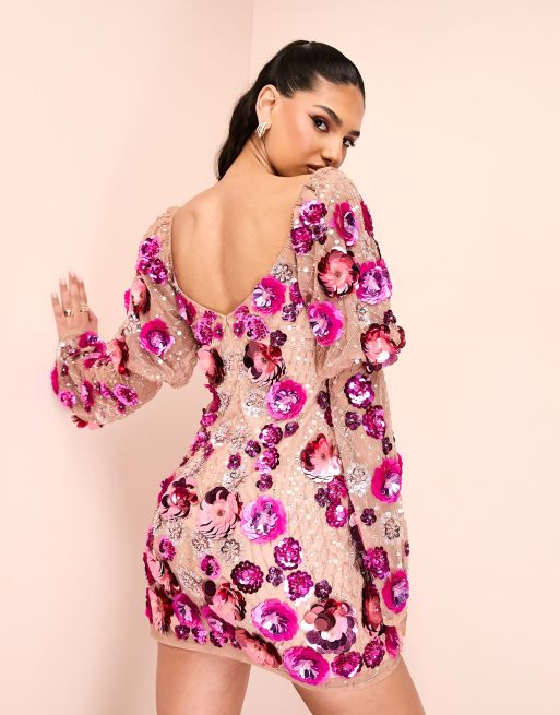 ASOS LUXE - Robe courte à manches bouffantes avec fleurs 3D et ornements - Rose, 2 de 4