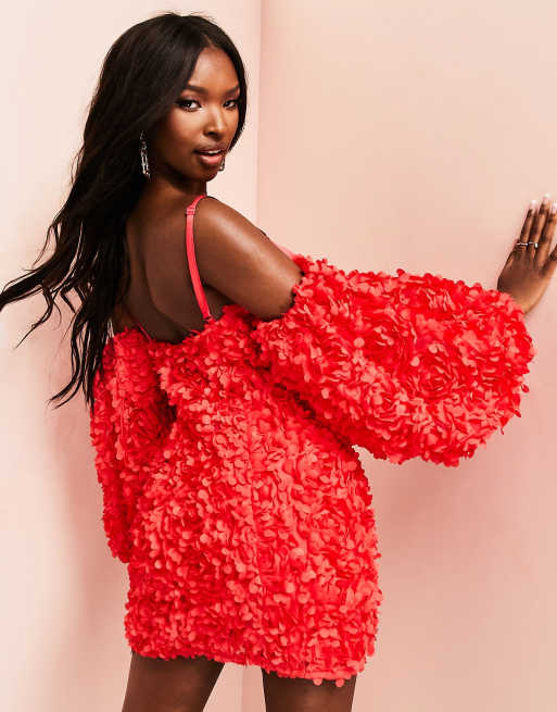 ASOS LUXE - Robe courte à manches bouffantes et fleurs 3D - Rouge  , 3 de 4