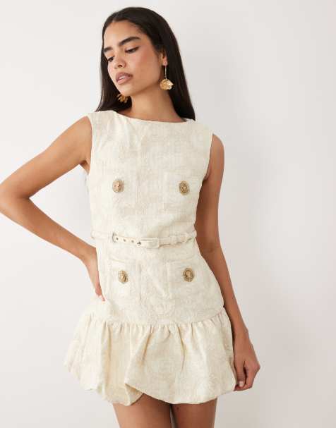 ASOS LUXE - Robe courte ajustée en jacquard avec ceinture et ourlet à basque - Crème - view 1