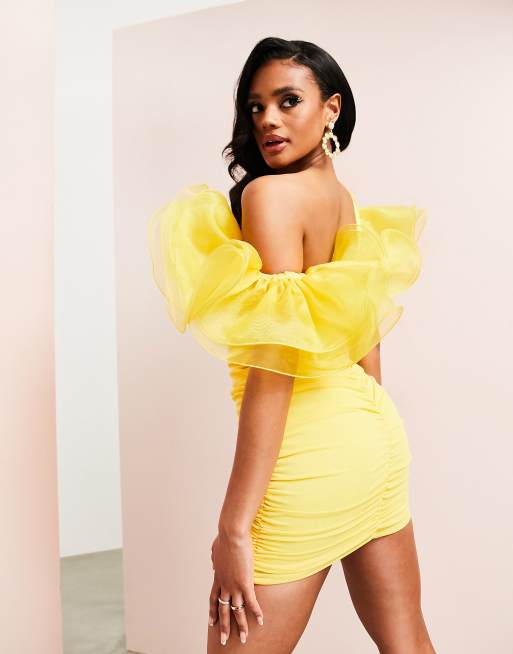 ASOS LUXE Robe courte asym trique fronc e avec volants armatures Jaune