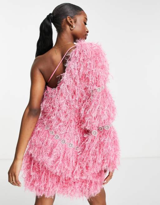 ASOS LUXE - Robe courte asymétrique ornée de plumes artificielles - Rose, 3 de 4