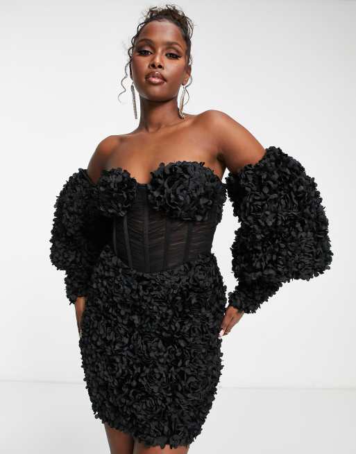 ASOS LUXE - Robe courte bandeau corsetée à fleurs en 3D - Noir
