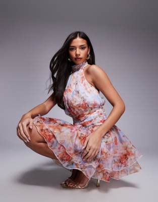 ASOS LUXE - Robe courte dos nu avec jupe en organza à imprimé fleurs-Multicolore