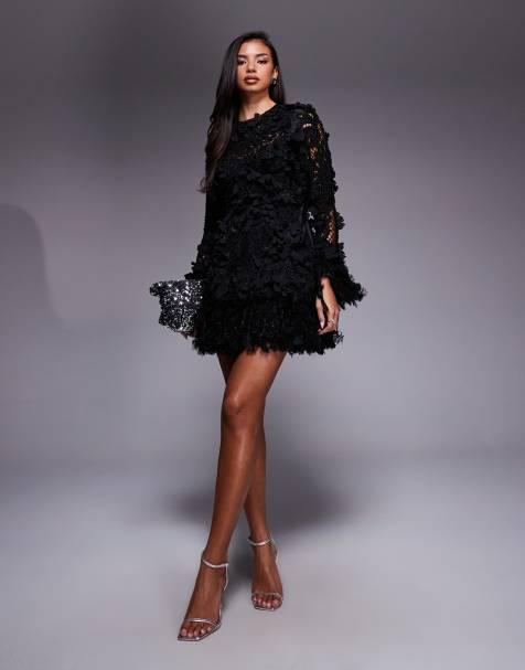 ASOS LUXE - Robe courte en broderie anglais avec ornements, fleurs en 3D et plumes synthétiques - Noir - view 1