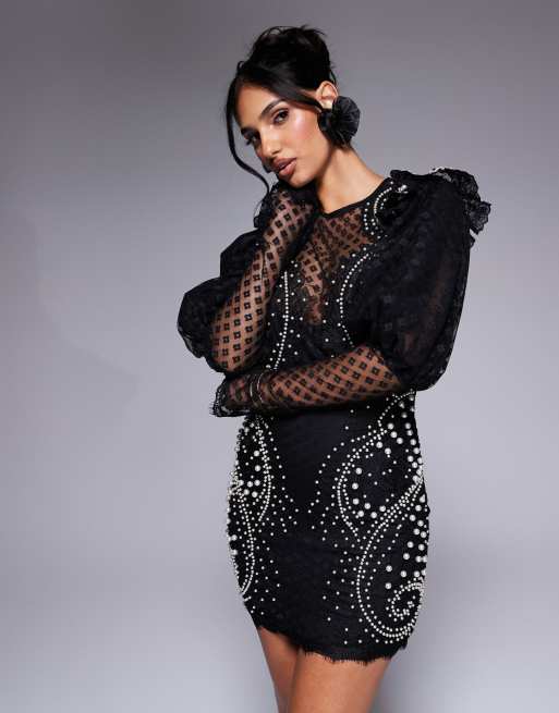 Robe Pull Noir Avec Perles ASOS LUXE Robe Courte En Dentelle à