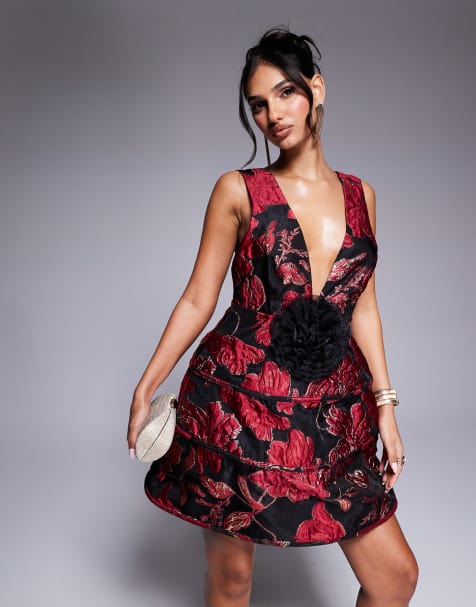 ASOS LUXE - Robe courte en jacquard à décolleté plongeant et corsage - Bordeaux - view 1