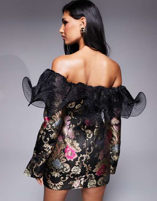 ASOS LUXE - Robe courte en jacquard à volants et épaules dénudées - Noir, 4 de 4