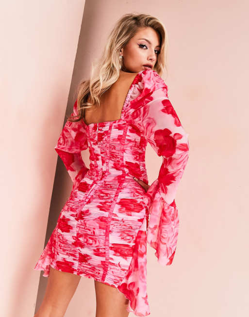 ASOS LUXE Robe courte en mousseline avec corset fronc et manches longues Rose fleuri