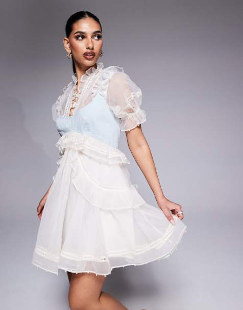 ASOS LUXE - Robe courte en organza ornée de perles avec empiècement en jean sur le buste - Crème - view 1