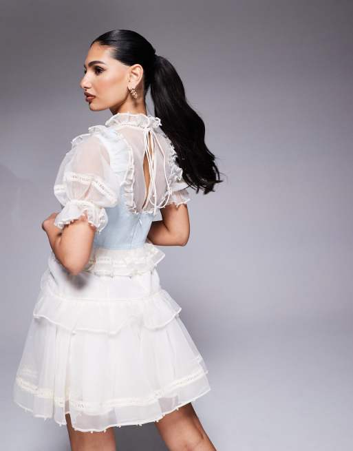 ASOS LUXE - Robe courte en organza ornée de perles avec empiècement en jean sur le buste - Crème, 4 de 4
