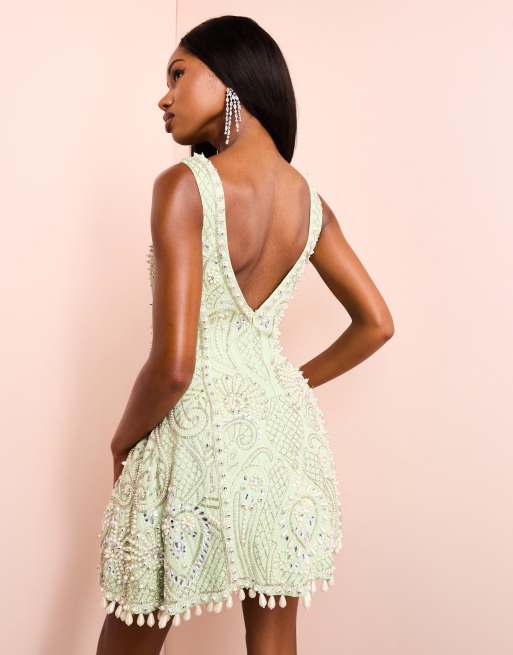 ASOS LUXE - Robe courte et ornementée effet cage en coton avec décolleté en cœur - Vert sauge, 4 de 4