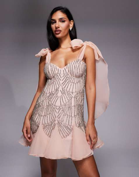 ASOS LUXE - Robe courte et ornementée en organza avec bretelles nouées - Rose - view 1